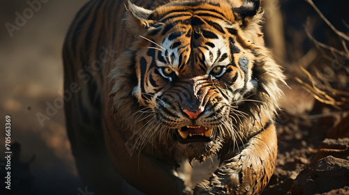 Furious wild tiger approaching prey, close up photo