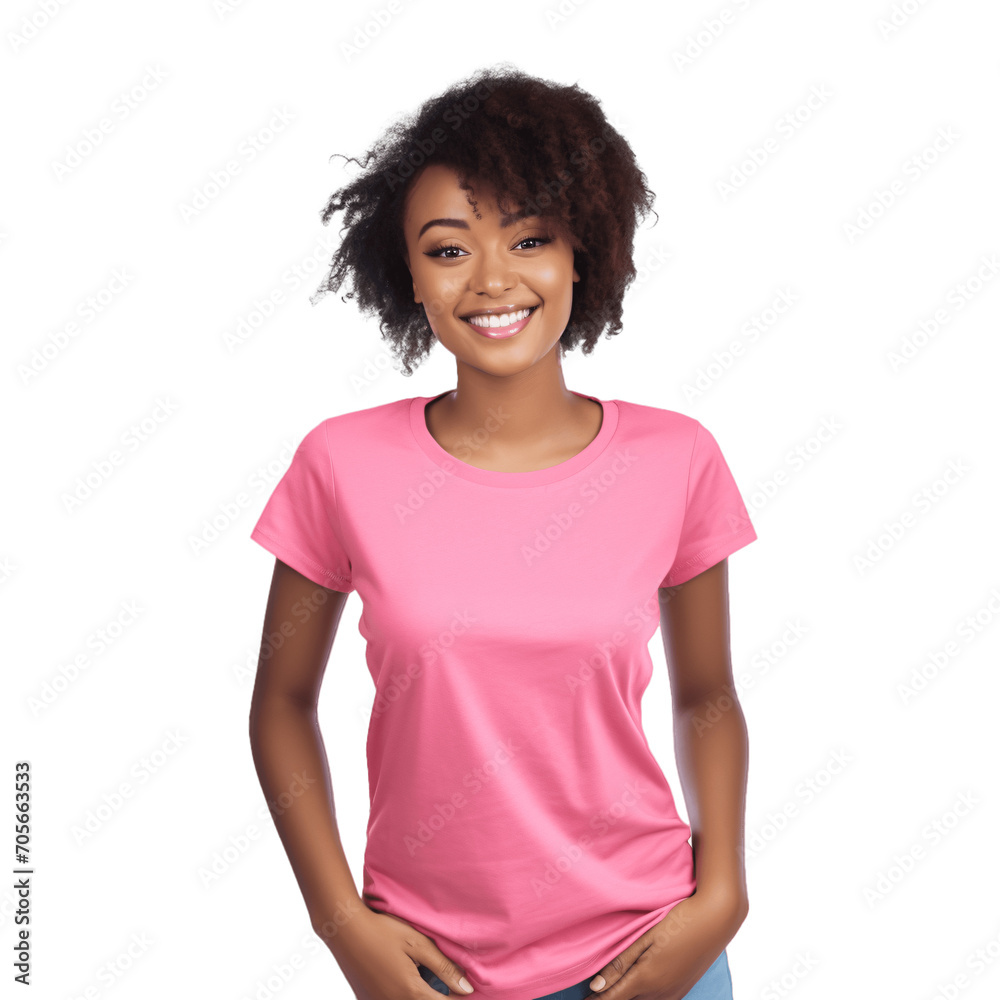 Black woman wearing simple pink t-shirt. Clothing mockup cutout, isolated on transparent background, no background. Black woman wearing simple pink t-shirt. Clothing mockup cutout, isolated on transparent background, no background.