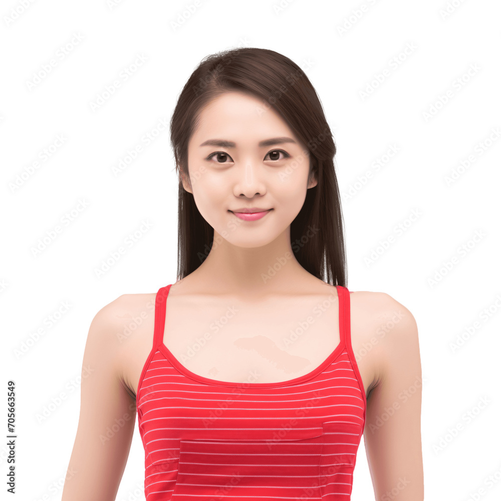 Asian woman wearing simple red summer tank top. Clothing mockup cutout, isolated on transparent background, no background. Asian woman wearing simple red summer tank top. Clothing mockup cutout, isolated on transparent background, no background.