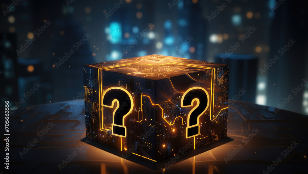 Mysterious gift box with question marks and golden bow on dark ...