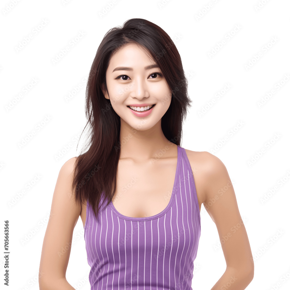 Asian woman wearing simple purple summer tank top. Clothing mockup cutout, isolated on transparent background, no background. Asian woman wearing simple purple summer tank top. Clothing mockup cutout, isolated on transparent background, no background.