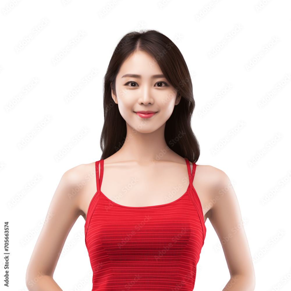 Asian woman wearing simple red summer tank top. Clothing mockup cutout, isolated on transparent background, no background. Asian woman wearing simple red summer tank top. Clothing mockup cutout, isolated on transparent background, no background.