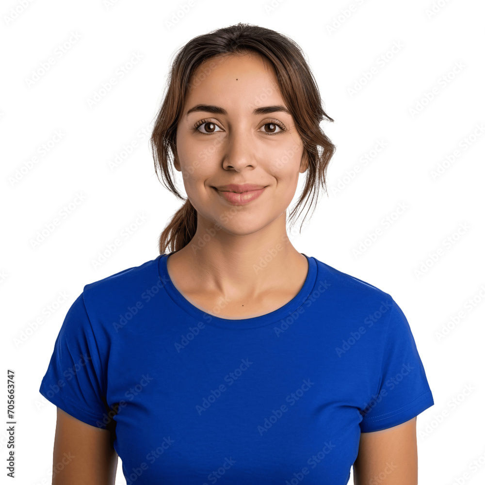 Brunette woman wearing simple blue t-shirt. Clothing mockup cutout, isolated on transparent background, no background. Brunette woman wearing simple blue t-shirt. Clothing mockup cutout, isolated on transparent background, no background.