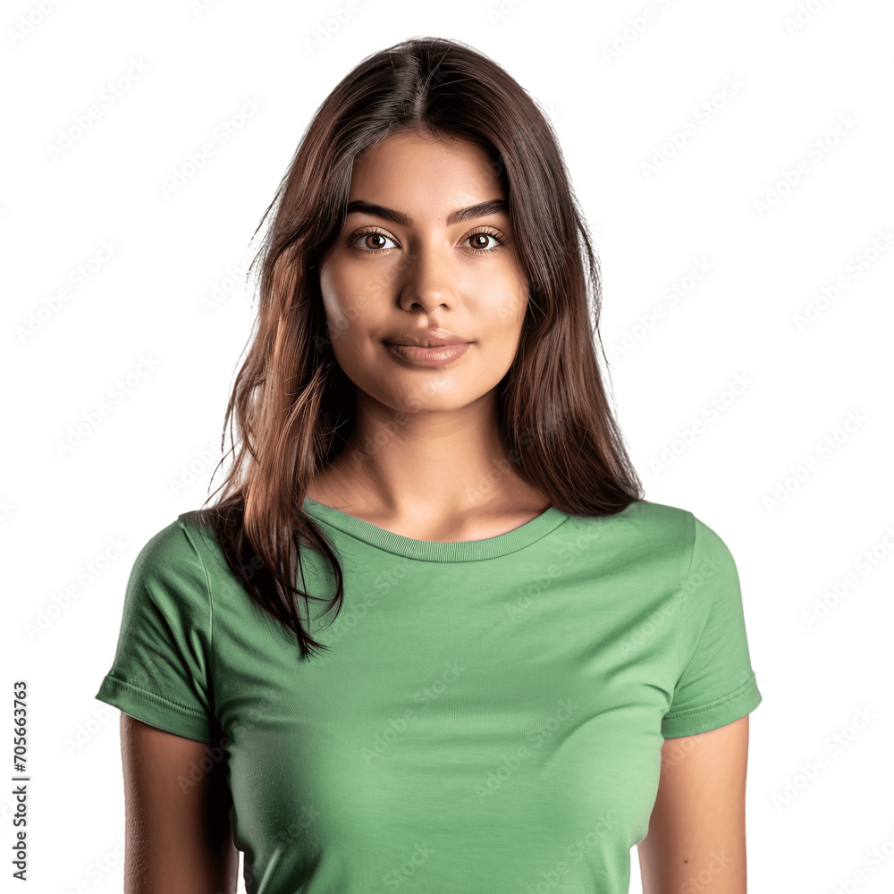 Brunette woman wearing simple green t-shirt. Clothing mockup cutout, isolated on transparent background, no background. Brunette woman wearing simple green t-shirt. Clothing mockup cutout, isolated on transparent background, no background.