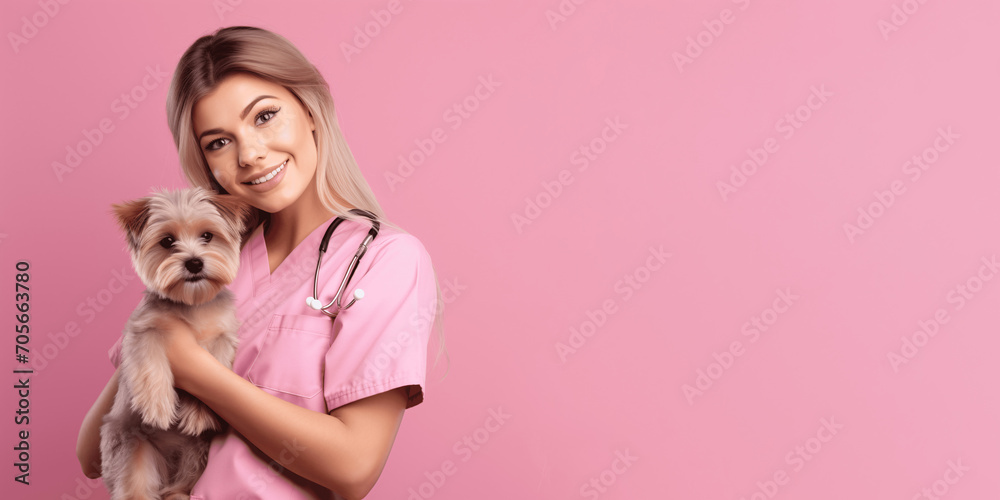 Caring Female Veterinarian in Pink Scrubs Holding Content Dog - Veterinary Love and Expertise Concept Caring Female Veterinarian in Pink Scrubs Holding Content Dog - Veterinary Love and Expertise Concept