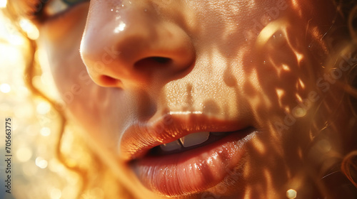 Close up of a wet perfect skin of beautiful girl. Light colour palette. Natural beauty concept. Generative AI © AngrySun