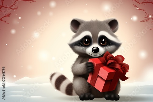Cute pretty raccoon baby with gift box for birthday gift or valentine's day greeting card © Ivanna