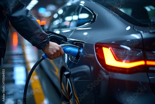 Display the future of eco-friendly transportation! Capture a close-up shot of a driver's hand plugging an electric vehicle charging gun into the car's charging port