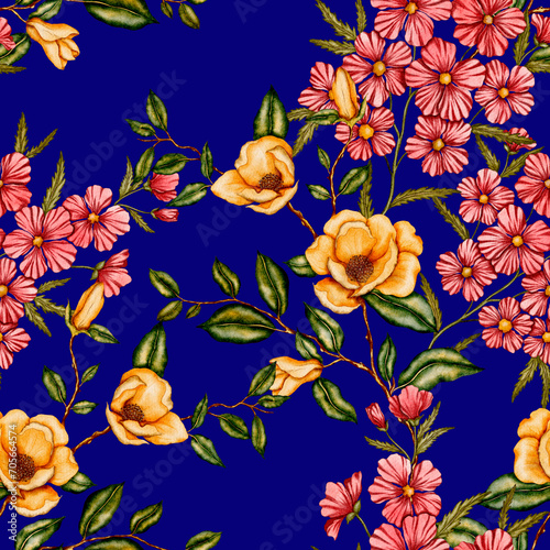 Watercolor seamless pattern with garden flowers. Vintage spring or summer flo...