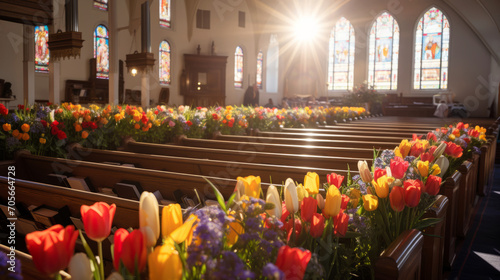 A church decorated with real spring flowers for Easter © Robert Kneschke