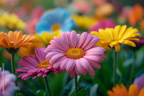 Closeup view on beautiful multicolored flowers in spring garden