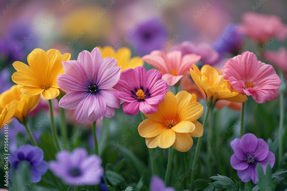 Closeup view on beautiful multicolored flowers in spring garden Closeup view on beautiful multicolored flowers in spring garden