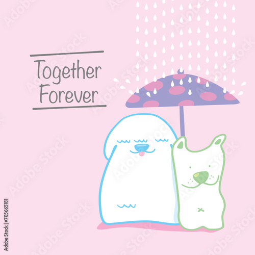 Vector doodle cute two cute dogs together with one umbrella under the rain, minimal design character, square template, the concept for love and togetherness with lettering Together Forever.