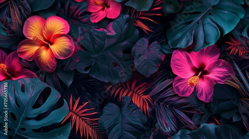 photorealistic Y2K aesthetic exotic flowers and tropical leaves opulent pattern, neon lighting, HDR