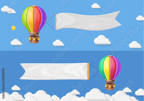Hot air balloons with blank banner in blue sky. Advertising banners set with cartoon 3d aerostat and clouds. Vector illustration