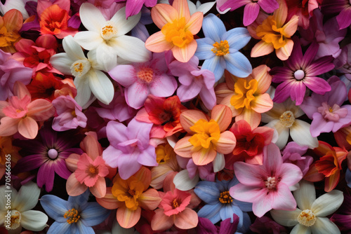 Colorful spring flowers as a background, top view, close up.