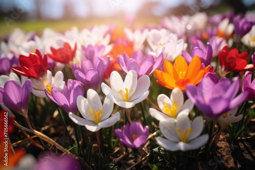 Colorful crocus flowers blooming in the garden. Spring background.