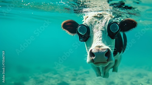 Cow splashing and swimming near a flash-equipped camera, Generative AI. © Planum