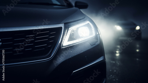 the headlights of a car on an autumn road in fog, the weather is a dangerous road in November