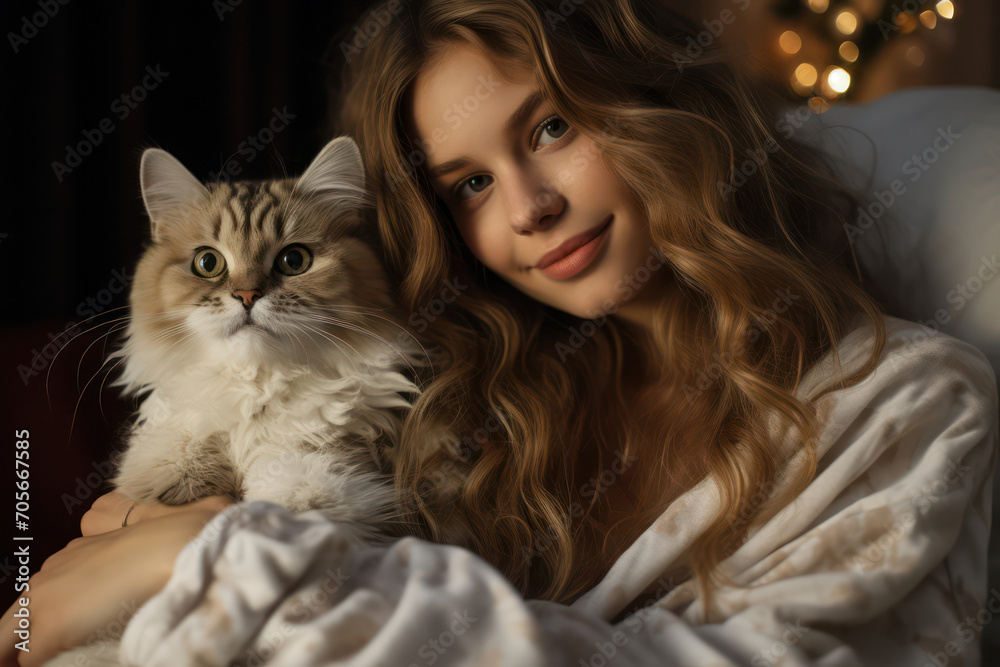 Cosy Morning Bliss: A Lovely Cat and Her Content Female Owner Resting in a White Bedroom