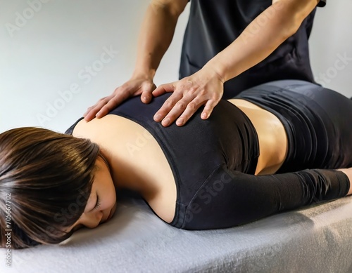 A woman receiving a back massage, with no background