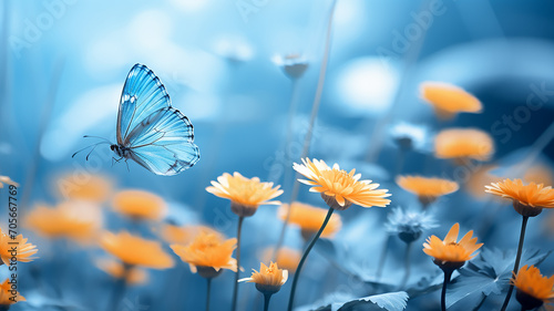 a small blue butterfly on a background of yellow flowers in the morning mist of spring. wildlife on the flower field, the concept of eco cleanliness of ecology and freedom