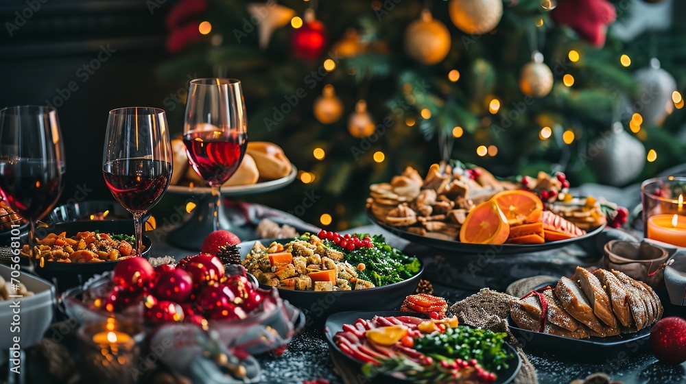 Christmas dinner food kept in dining table with a beautiful lighting, Generative AI.