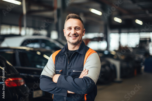 Happy Mechanic on Break in Contemporary Auto Shop