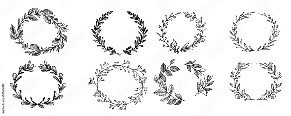 Set of 4 hand drawn spring wreaths isolated on white background, vector. Set of 4 hand drawn spring wreaths isolated on white background, vector.