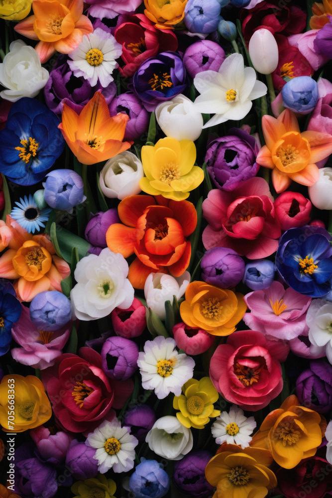 Multicolored tulips and crocuses as a background.