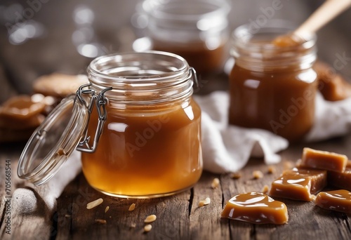 Homemade salted caramel sauce in jar on rustic wooden table