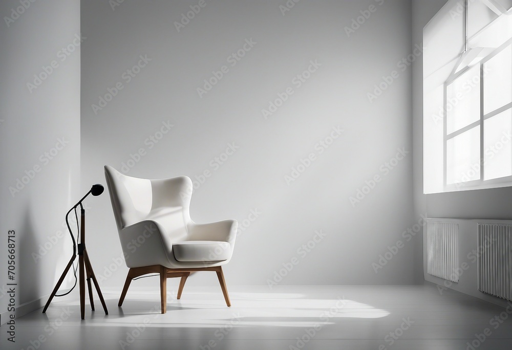 Modern minimalist interior with an armchair on empty white color wall background Modern minimalist interior with an armchair on empty white color wall background