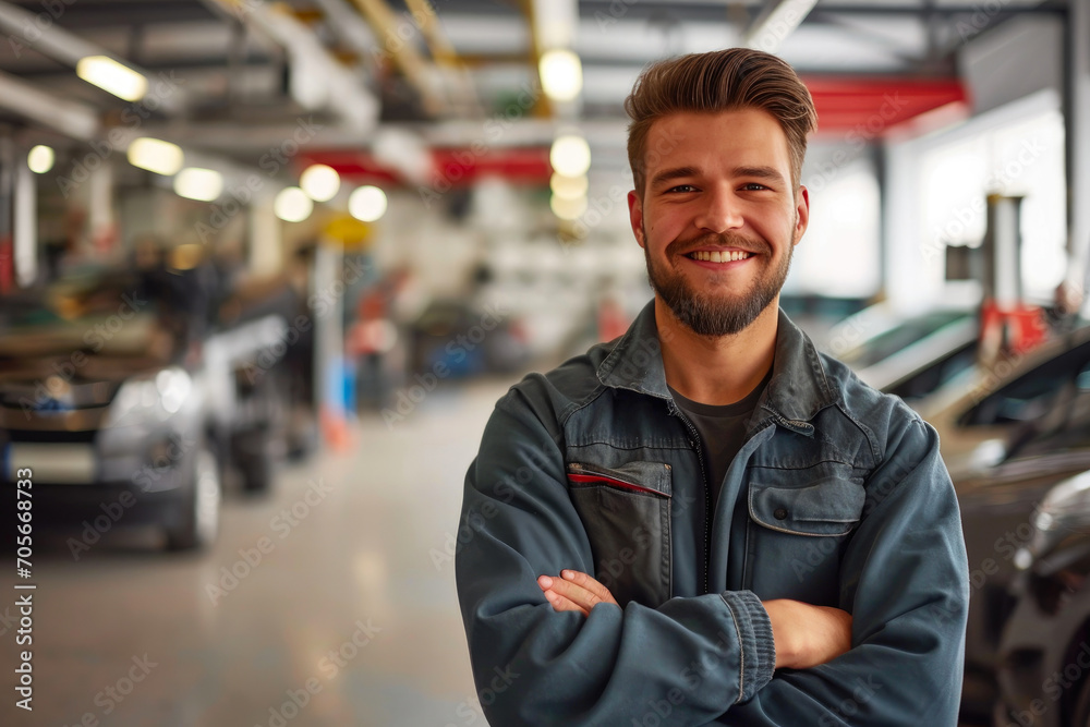 Amiable Mechanic Taking a Moment in Vibrant Garage Space Amiable Mechanic Taking a Moment in Vibrant Garage Space