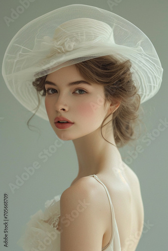 Portrait of beautiful young woman in vintage dress and hat of 19 century stylie photo