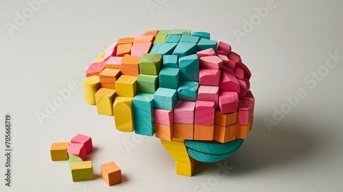 Colorful wooden puzzle brain model. Neurodiversity concept. photo