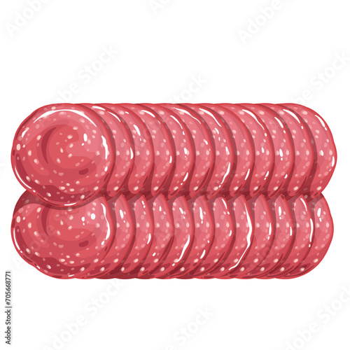 Salami slices vector illustration. Cartoon isolated top view of sliced smoked sausages in two rows, thin pieces of pepperoni or mortadella to eat, delicatessen salami product for breakfast sandwich