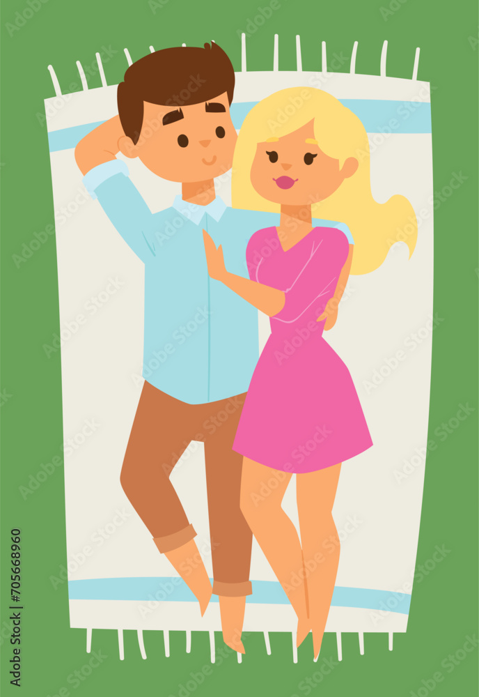 Young caucasian couple relaxing in a notebook dreamy atmosphere. Blonde girl and brown-haired boy smiling, romantic mood vector illustration. Young caucasian couple relaxing in a notebook dreamy atmosphere. Blonde girl and brown-haired boy smiling, romantic mood vector illustration.