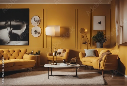 Tufted armchair and coffee table with lamp near yellow wall Interior design of modern living room