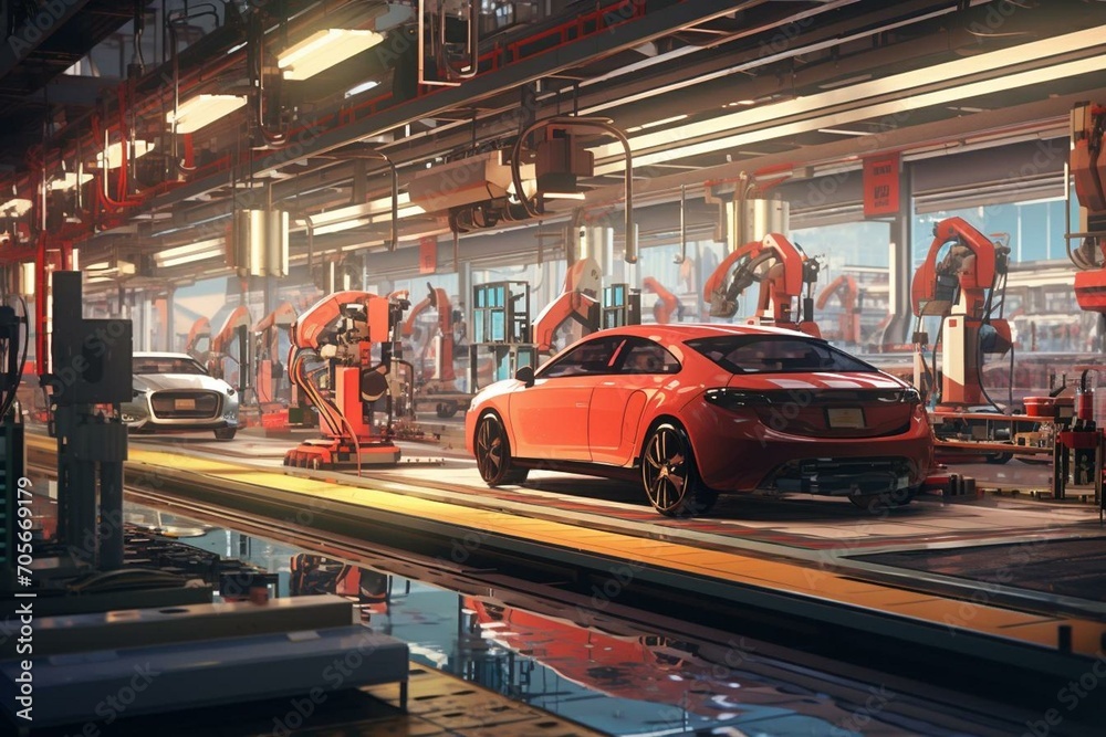 Production line with vehicles being assembled in a manufacturing plant. Generative AI