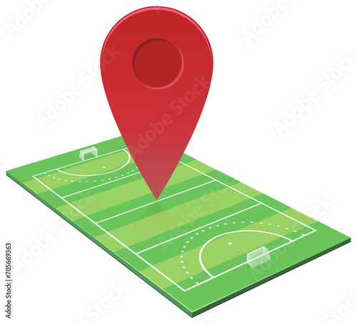Red map location marker placed on a 3D grass hockey field (cut out)