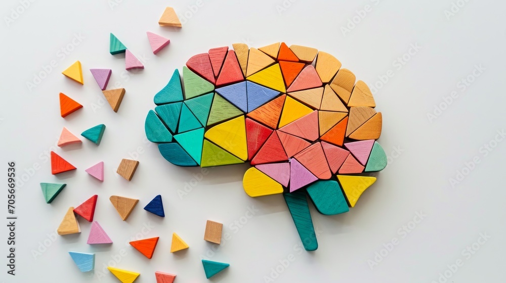 Colorful wooden geometric puzzle brain model. Neurodiversity concept.