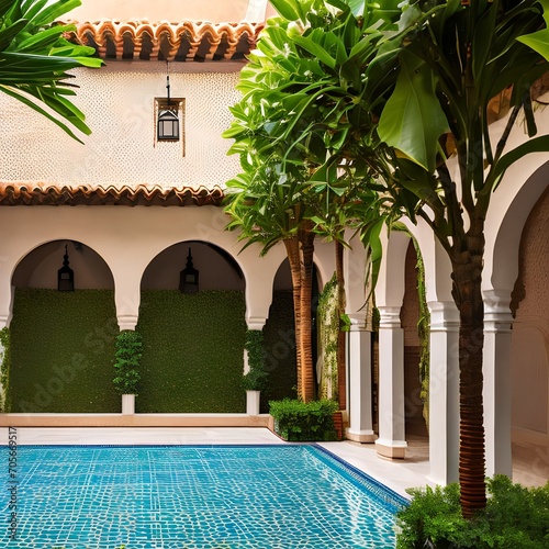 A Moroccan courtyard with mosaic tiles and lush greenery4 photo