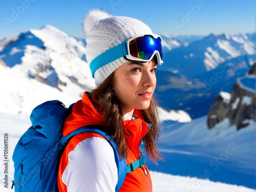 Young woman skier in winter mountains. Sport and active life concept.