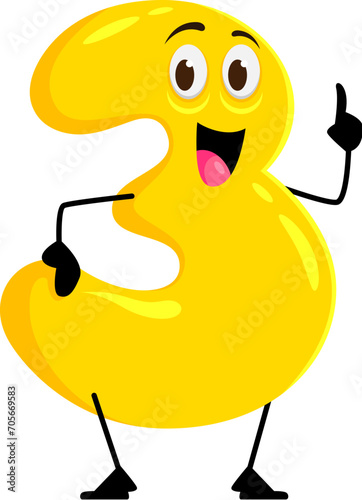 Cartoon math number three character with expressive eyes and cute charming smile, showing pointing gesture. Isolated vector funny yellow digit 3 personage perfect for children mathematics education