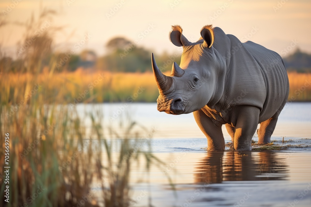 Obraz premium rhino at waters edge in golden evening light