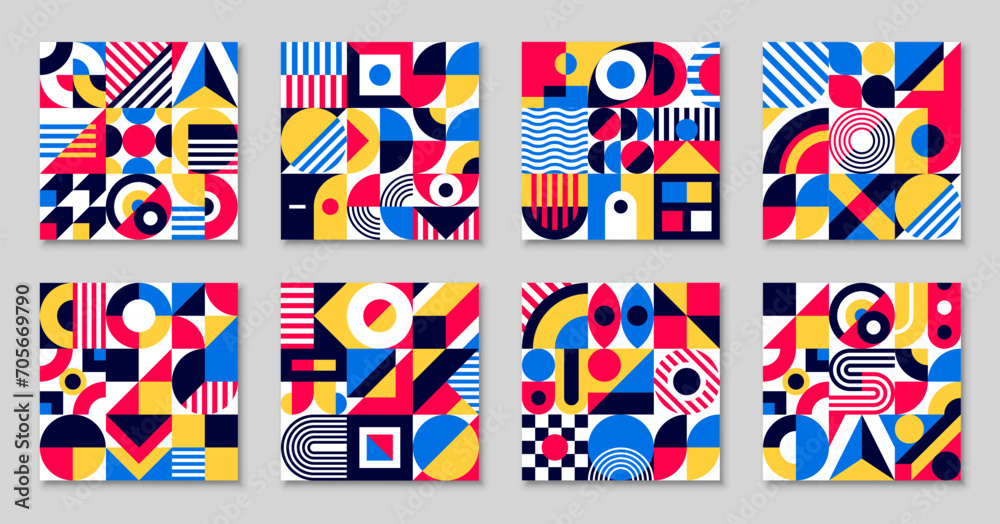 Abstract square bauhaus geometric pattern. Vector vibrant ornaments with interweaving bold colors and clean lines, creating a visually striking mosaic and modern visual creative composition