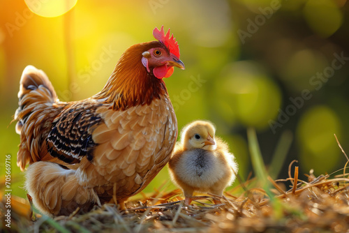 A chicken with her cub, mother loves and cares in everyday life