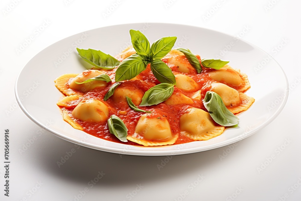 Italian ravioli pasta with tomato sauce on white background