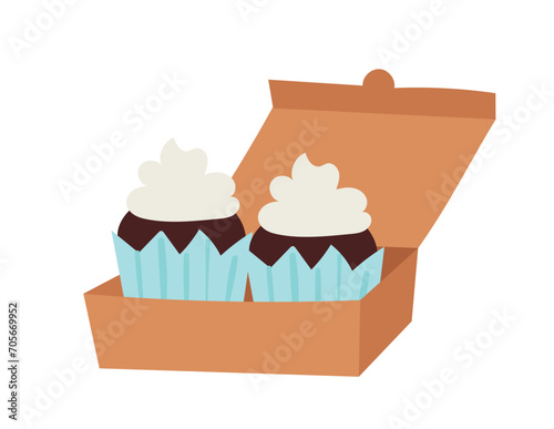Two cupcakes with white frosting in a brown box. Sweet bakery items for dessert, simple cartoon style vector illustration.