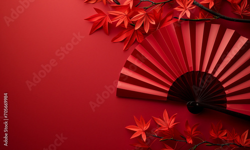 Elegant Red Fan with Autumn Maple Leaves